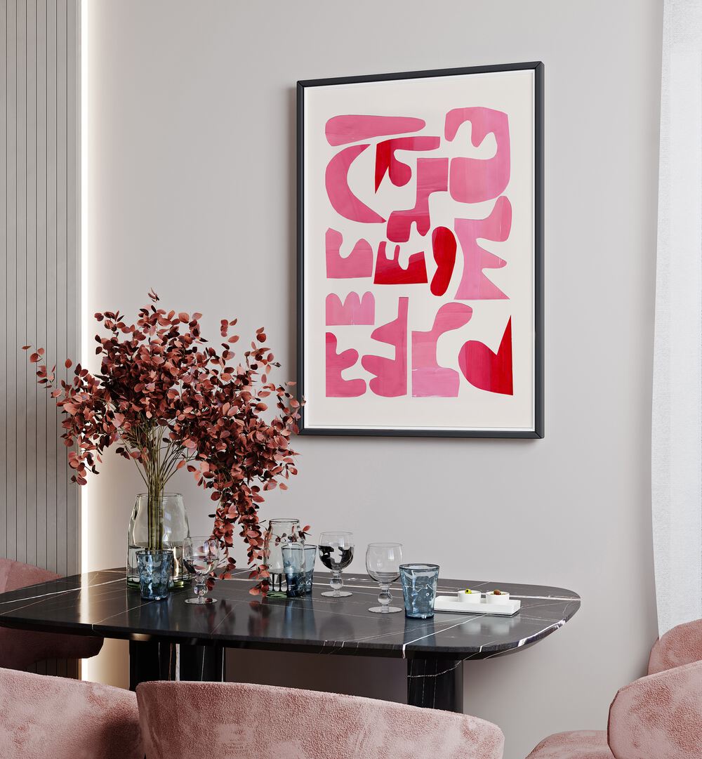 Elegant abstract art in pink and red hues, "A PINK PUZZLE, FASHION POSTERS," perfect for stylish home decor.