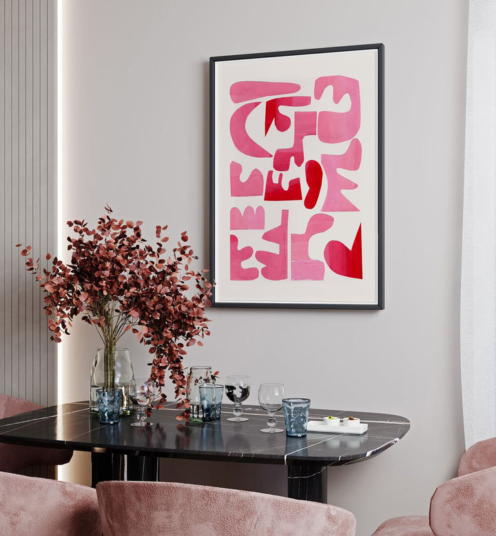 Elegant abstract art in pink and red hues, "A PINK PUZZLE, FASHION POSTERS," perfect for stylish home decor.