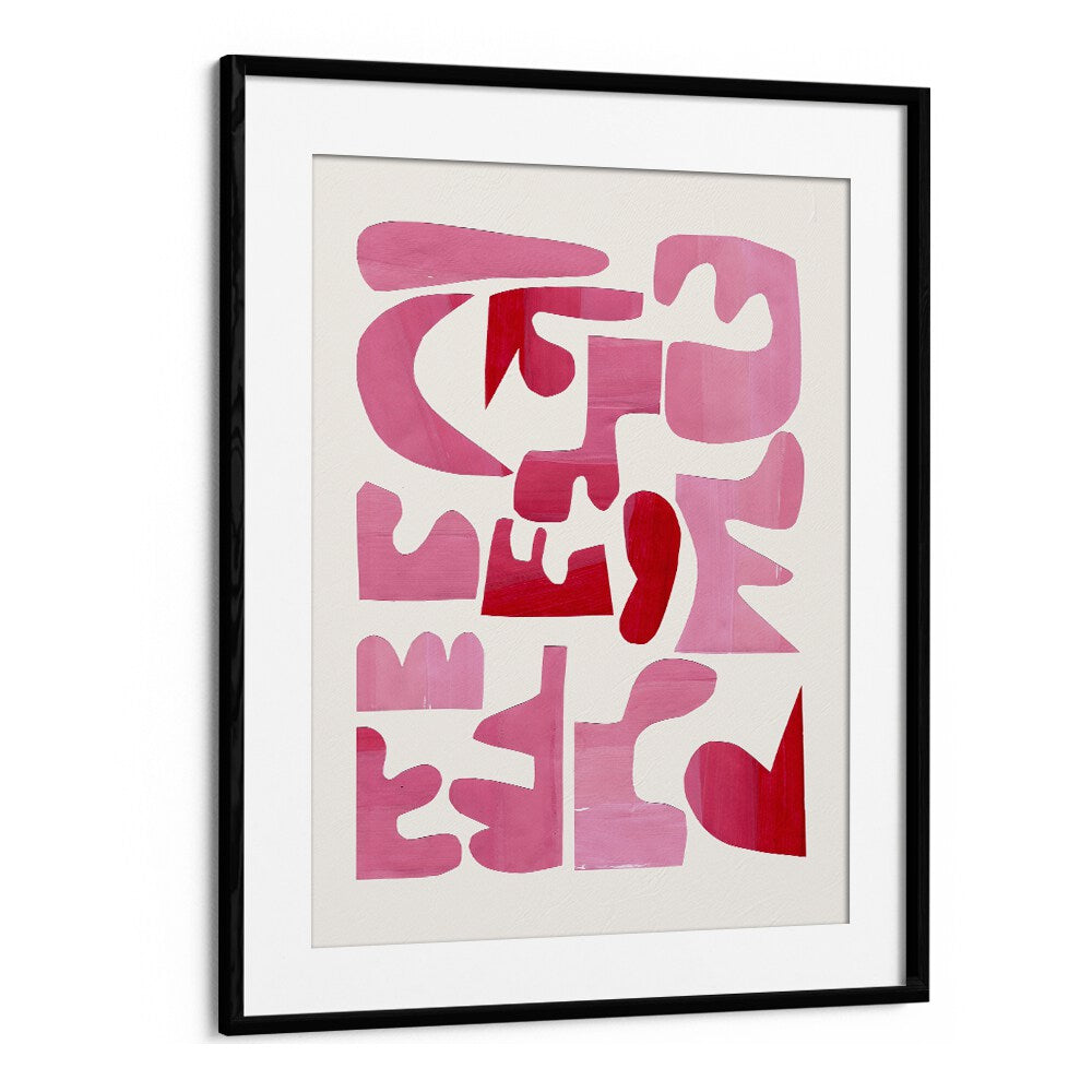Elegant A PINK PUZZLE, FASHION POSTERS by Ejaaz Haniff, featuring vibrant pink and red abstract art in a black frame.