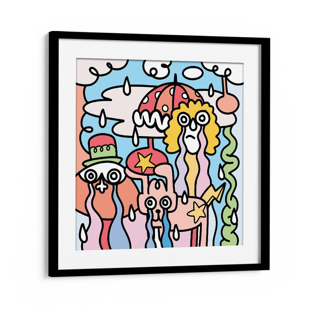 Whimsical A RAINY DAY, DOODLE ART PAINTINGS in a black frame, perfect for brightening up any drizzly day.