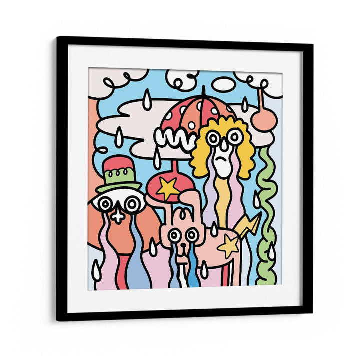 Whimsical A RAINY DAY, DOODLE ART PAINTINGS in a black frame, perfect for brightening up any drizzly day.