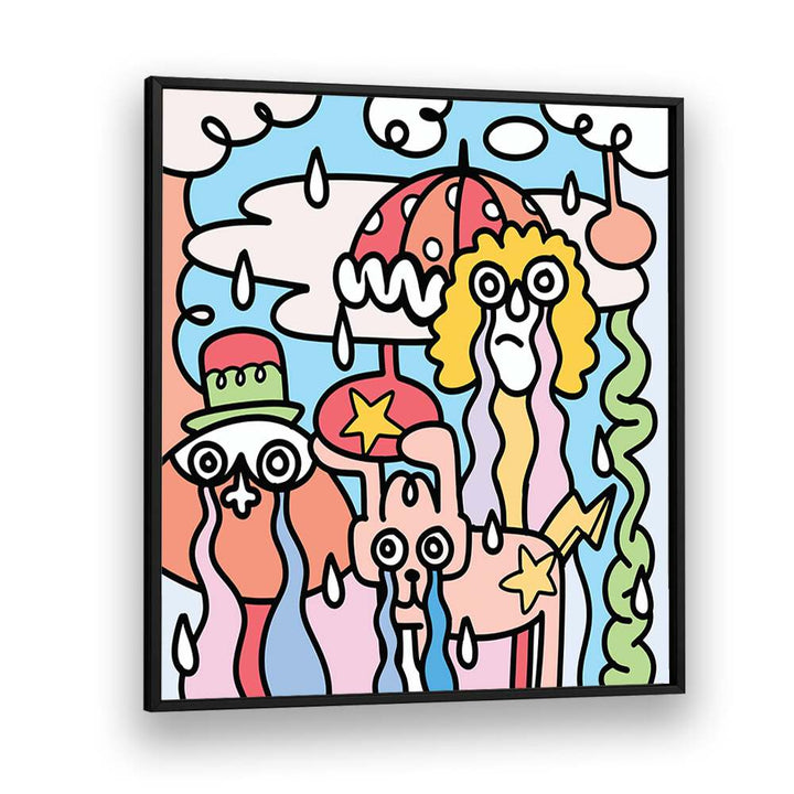 Bright and whimsical A RAINY DAY, DOODLE ART PAINTINGS featuring playful characters and vibrant colors for rainy day cheer.