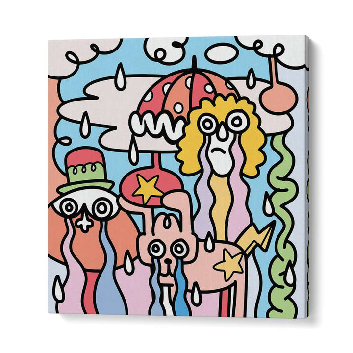 Colorful A RAINY DAY, DOODLE ART PAINTINGS capturing whimsical characters and charm, perfect for brightening drizzly days.