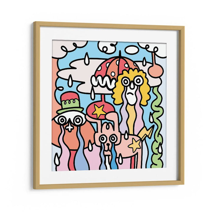 Whimsical A RAINY DAY, DOODLE ART PAINTINGS in oak frame, perfect for adding charm to any rainy day decor.