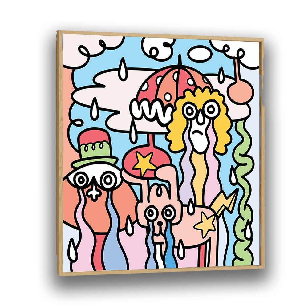 Whimsical A RAINY DAY, DOODLE ART PAINTINGS in a stylish oak frame, perfect for brightening up your space.