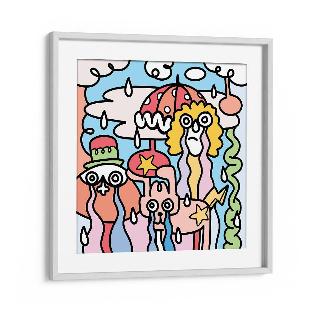 Whimsical A RAINY DAY, DOODLE ART PAINTINGS framed in white, perfect for brightening up drizzly days.