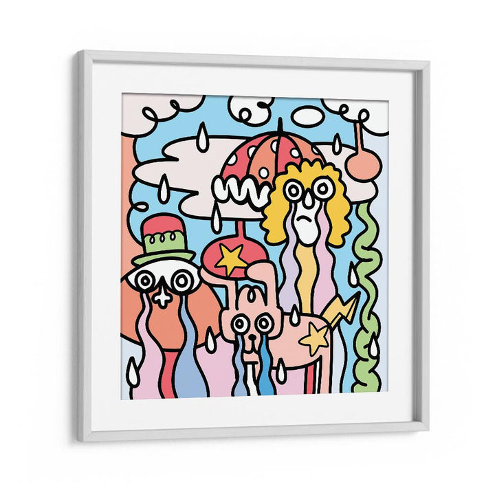 Whimsical A RAINY DAY, DOODLE ART PAINTINGS framed in white, perfect for brightening up drizzly days.