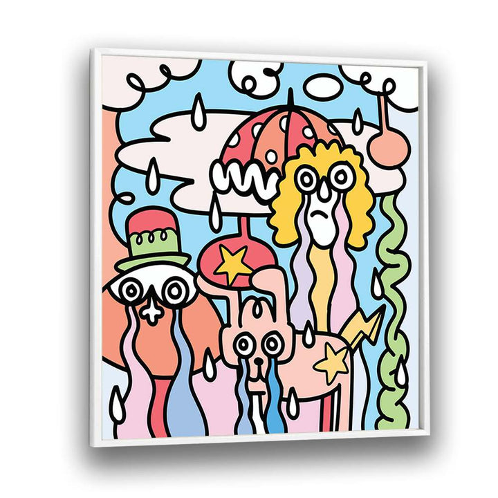 Whimsical A RAINY DAY, DOODLE ART PAINTINGS in a white frame, perfect for brightening any rainy day.