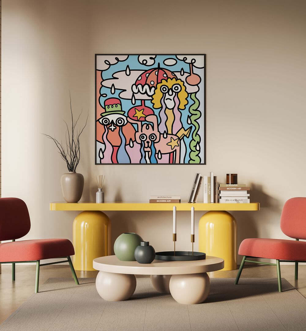 Whimsical A RAINY DAY, DOODLE ART PAINTINGS brightening up a modern living space with vibrant colors and charm.
