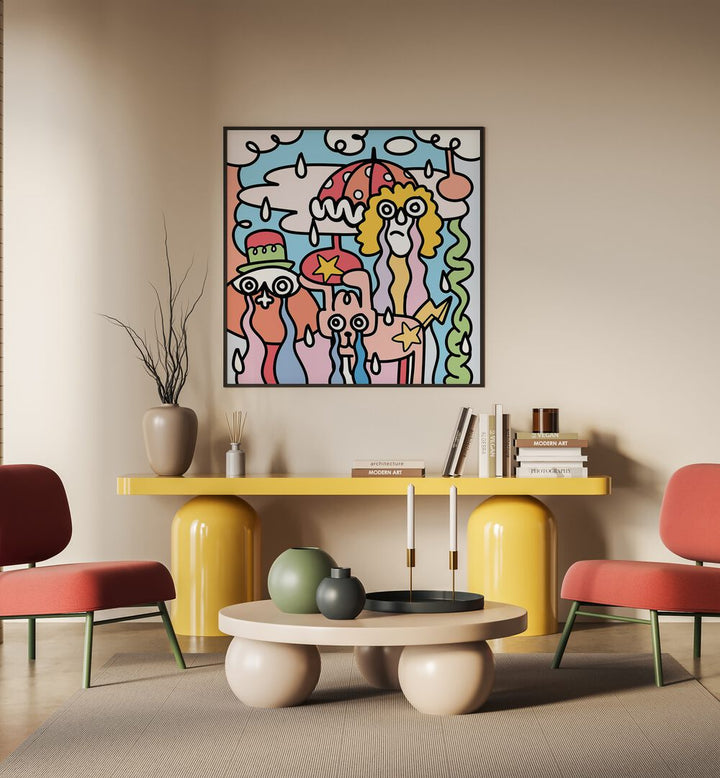 Whimsical A RAINY DAY, DOODLE ART PAINTINGS brightening up a modern living space with vibrant colors and charm.
