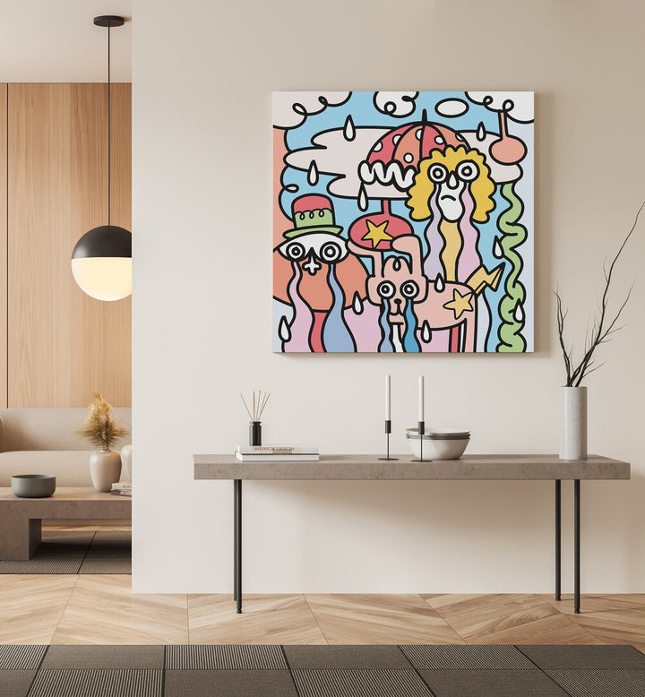 Colorful doodle art painting titled "A RAINY DAY, DOODLE ART PAINTINGS" enhancing any rainy day decor.