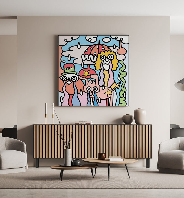 Brighten your space with A RAINY DAY, DOODLE ART PAINTINGS, capturing whimsical charm for rainy day inspiration.