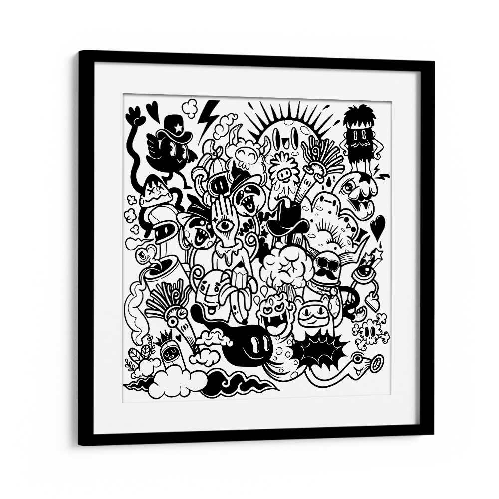 Whimsical doodles in black and white capture joy in "A SUNNY DAY, DOODLE ART PAINTINGS" framed for vibrant decor.