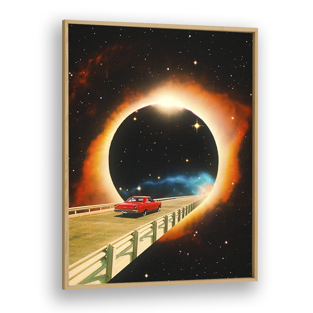 Experience a cosmic adventure with "A SPACE JOURNEY, SURREAL ART PRINTS" by Taudalpoi, framed in oak wood.