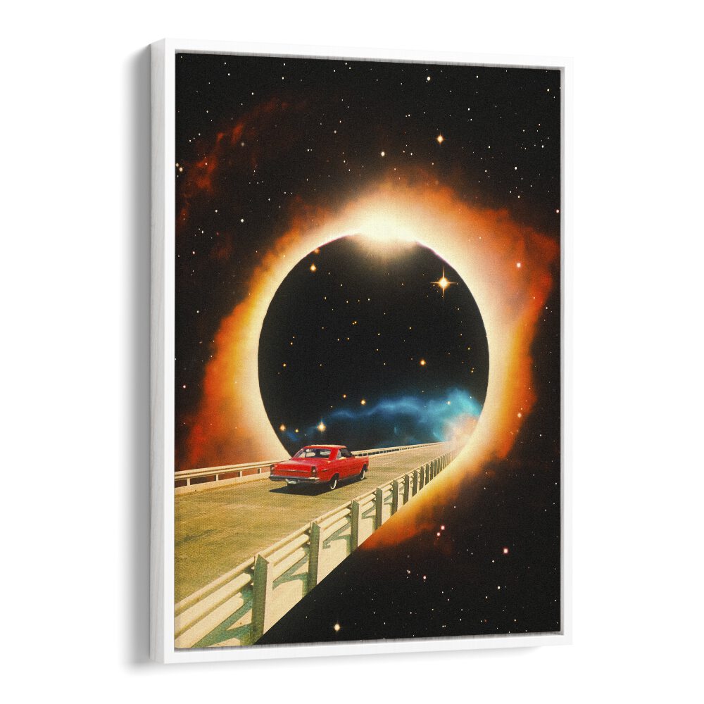 A SPACE JOURNEY, SURREAL ART PRINTS showcase a vibrant cosmic scene with a classic car on a surreal road.