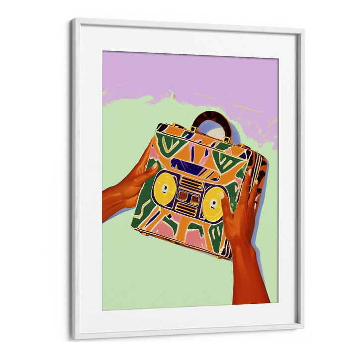 A vibrant fashion poster titled "A SUITCASE FULL OF MEMORIES, FASHION POSTERS" by Uma Gokhale, perfect for decor.