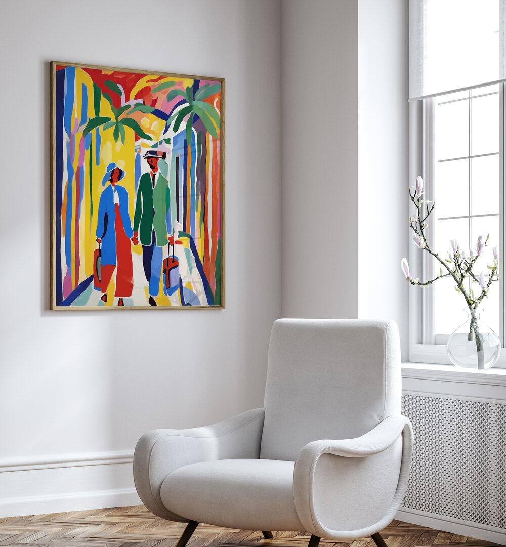 Colorful art print "A WITNESS TO YOUR LIFE, ART PRINTS" by Uma Gokhale, showcasing vibrant figures and palm trees.