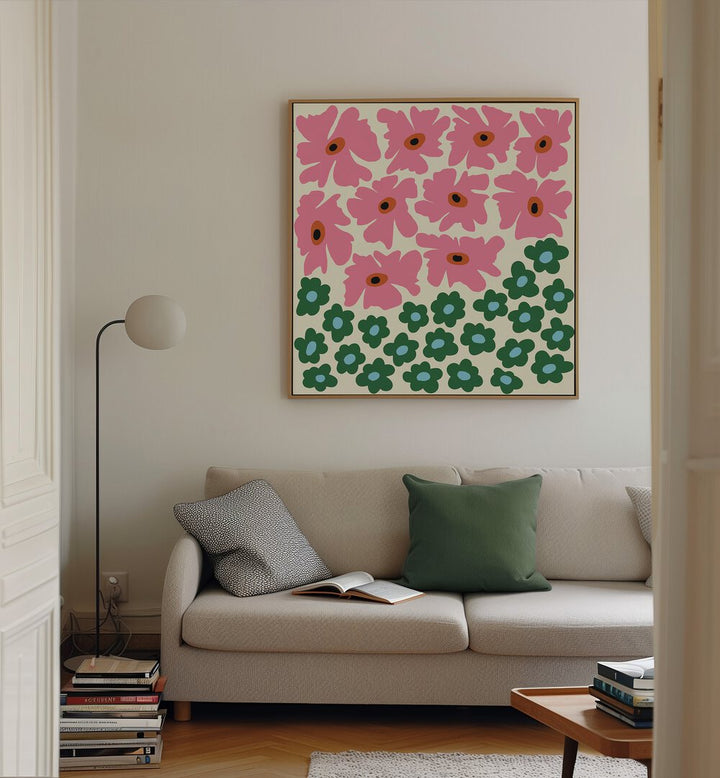 Abstract Floral V, Botanical Art Paintings Artwork in Oak Wood Floater Frame
placed on a Cream Colored Wall
near a Cream Sofa
in the Living Room