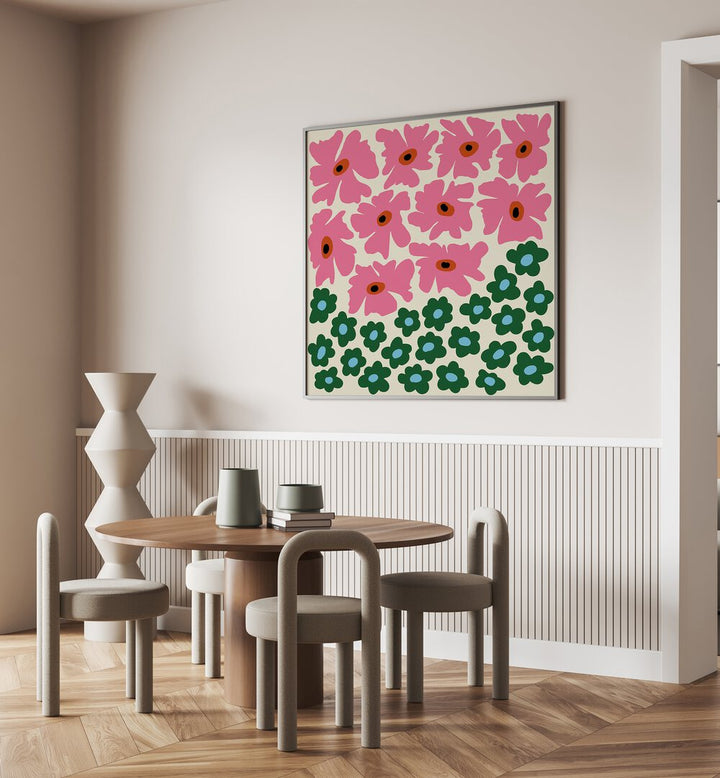 Abstract Floral V, Botanical Art Paintings Artwork in Black Plain Frame
placed on a Cream Colored Wall
in the Dining Room
