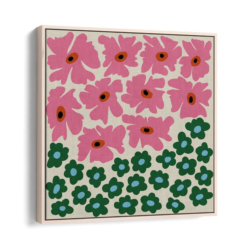 Abstract Floral V, Botanical Art Paintings Artwork in Oak Wood Floater Frame