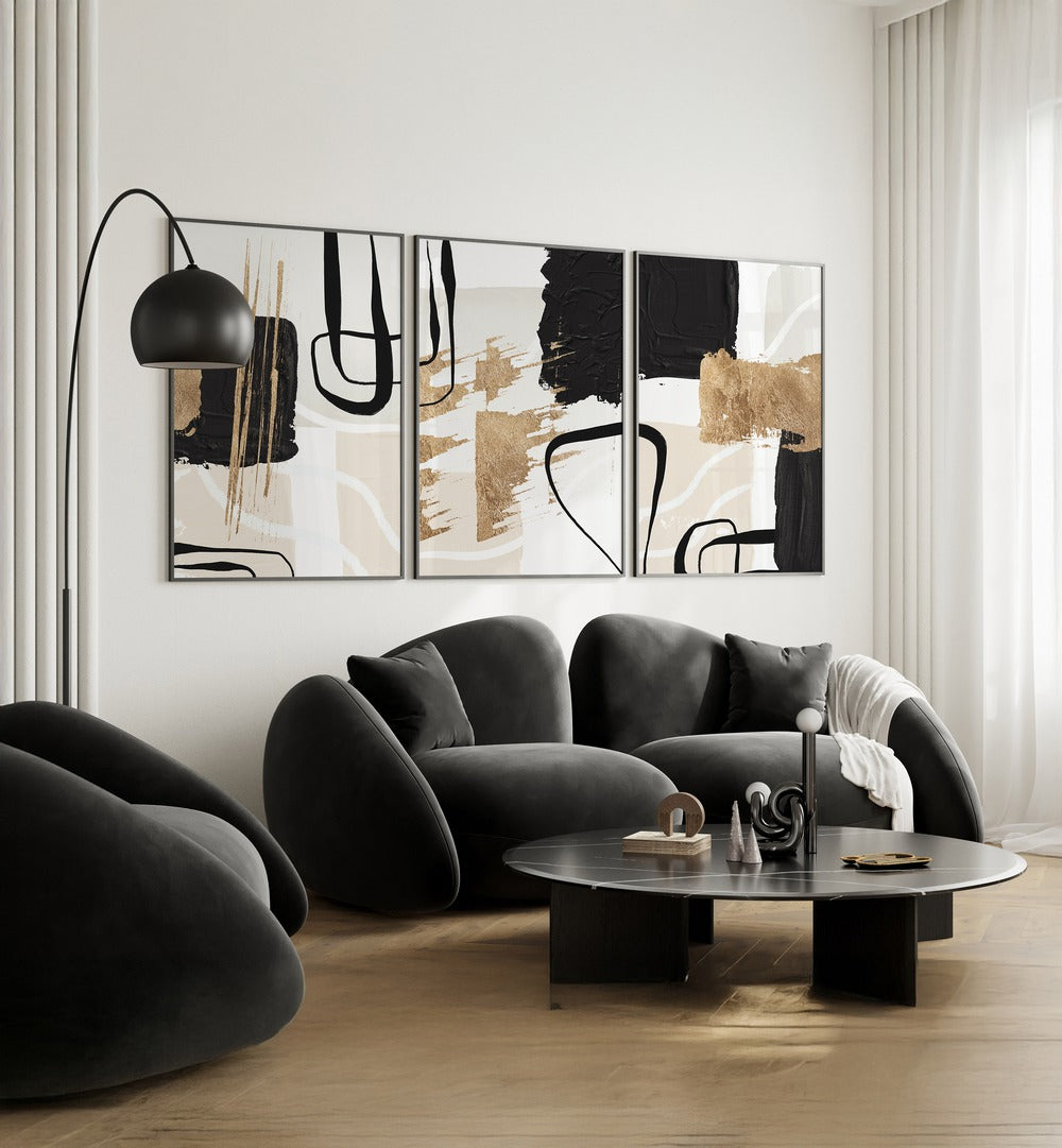 Elevate your decor with the ABSTRACT BLACK AND GOLD SET, SET OF 3 PAINTINGS, perfect for modern living spaces.