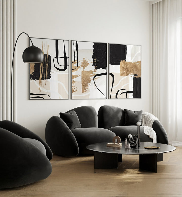 Elevate your decor with the ABSTRACT BLACK AND GOLD SET, SET OF 3 PAINTINGS, perfect for modern living spaces.