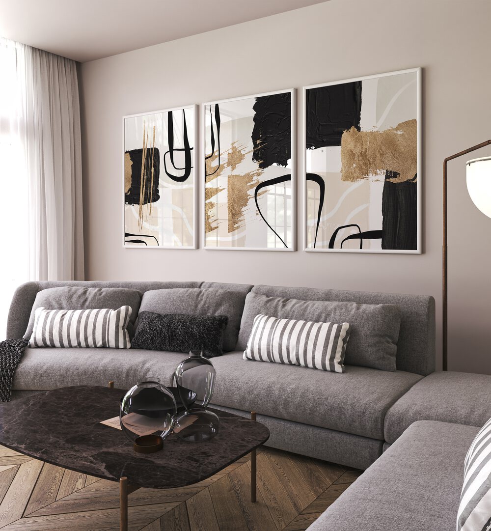 Elevate your decor with the ABSTRACT BLACK AND GOLD SET, SET OF 3 PAINTINGS, perfect for a luxurious living space.