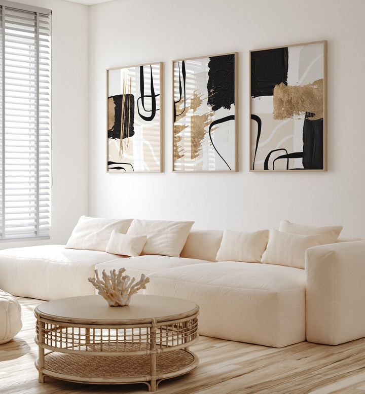 Elevate your space with the ABSTRACT BLACK AND GOLD SET, SET OF 3 PAINTINGS, perfect for modern home decor.