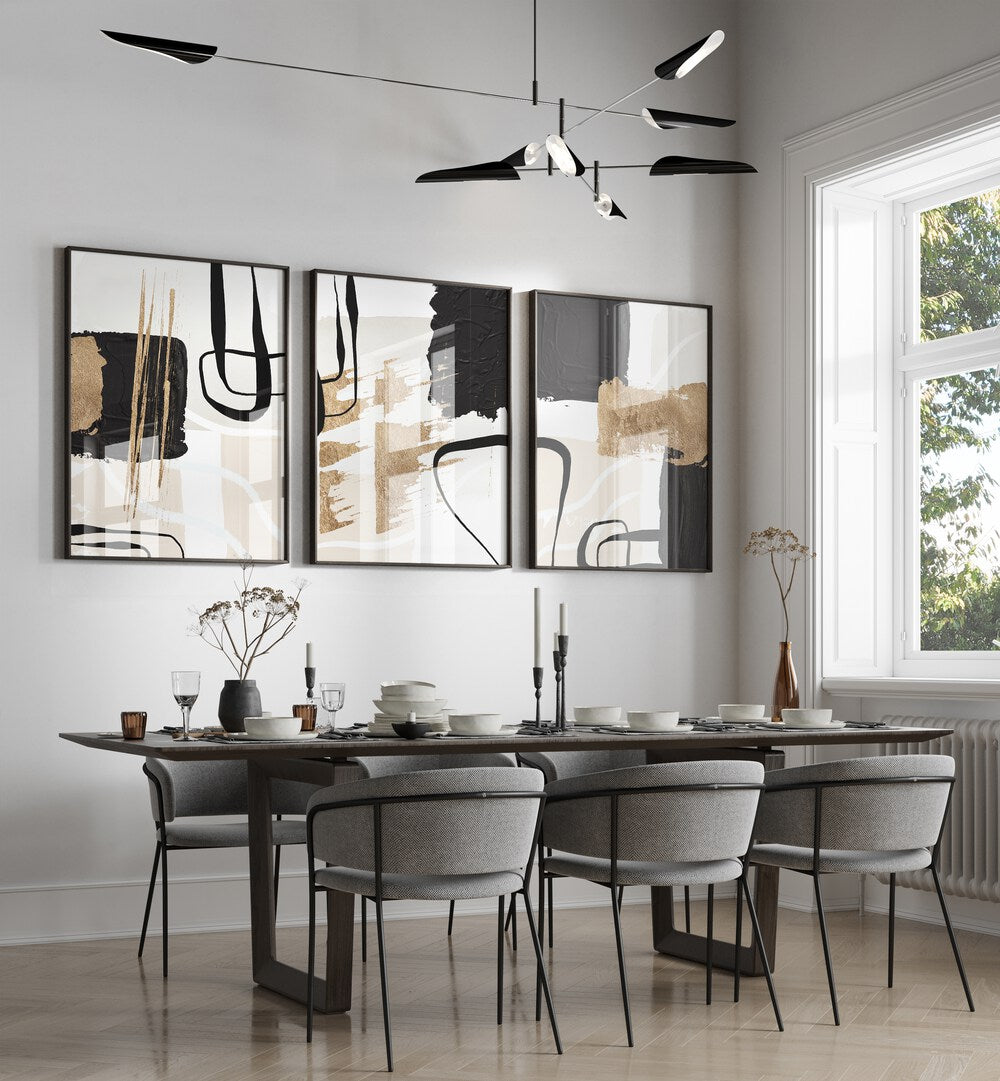 Elevate your home decor with the ABSTRACT BLACK AND GOLD SET, SET OF 3 PAINTINGS, perfect for a sophisticated touch.