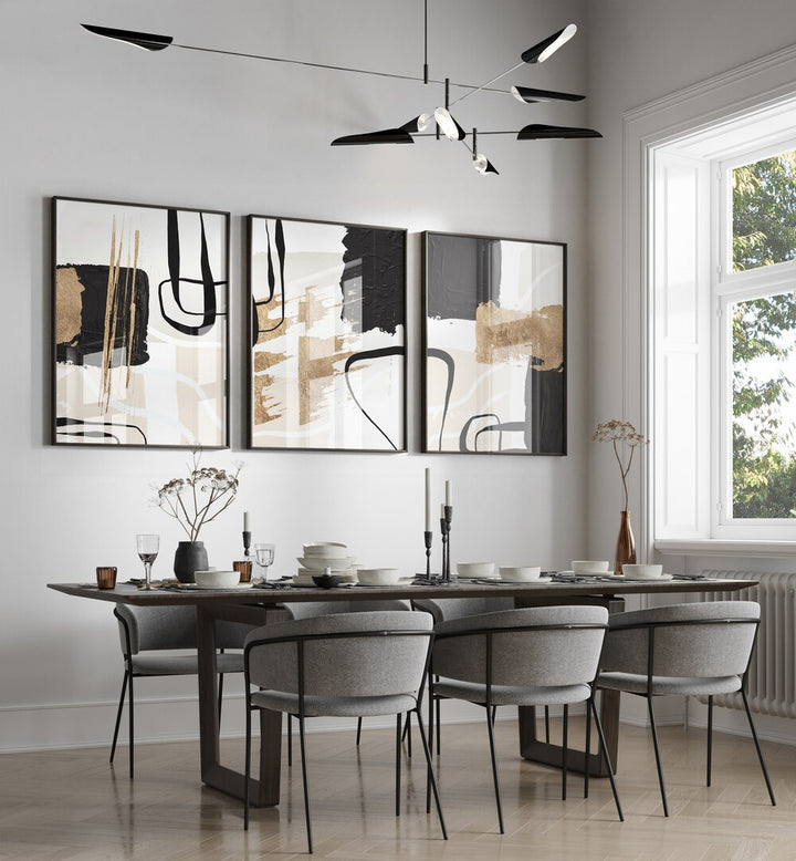 Elevate your home decor with the ABSTRACT BLACK AND GOLD SET, SET OF 3 PAINTINGS, perfect for a sophisticated touch.