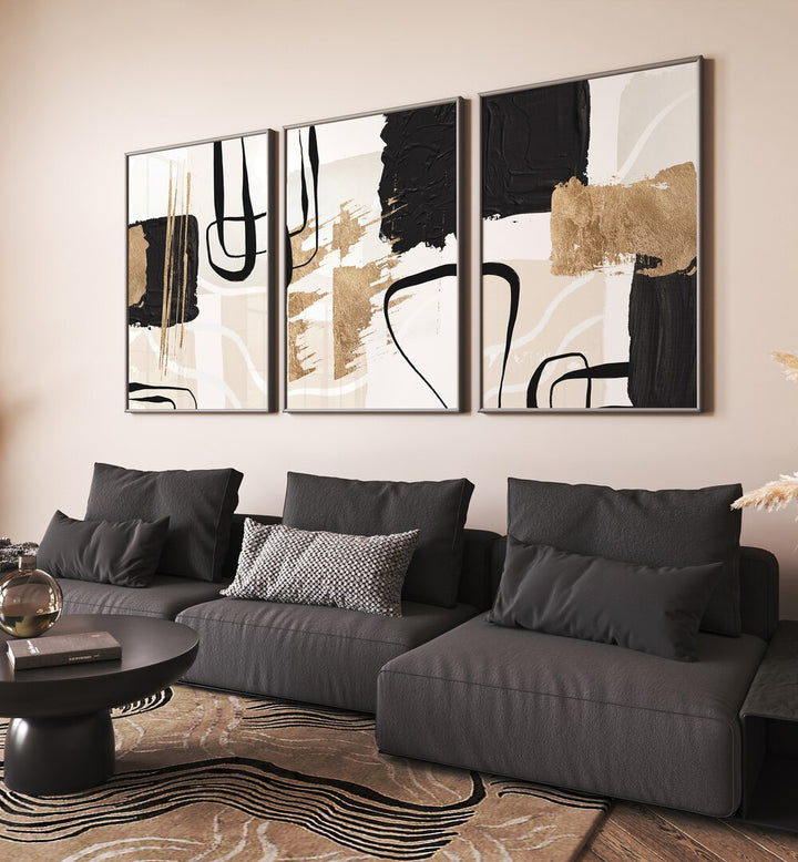 Transform your space with the ABSTRACT BLACK AND GOLD SET, SET OF 3 PAINTINGS, enhancing luxury and sophistication.