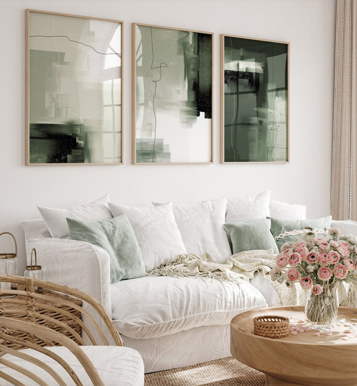 Transform your space with the ABSTRACT GREEN SET, SET OF 3 PAINTINGS, showcasing elegant shades of green.