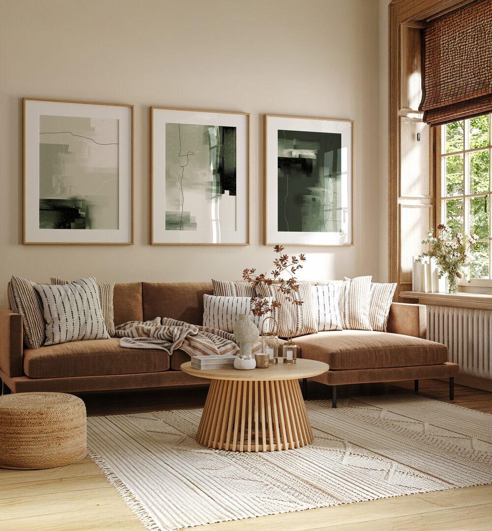 Elevate your decor with the ABSTRACT GREEN SET, SET OF 3 PAINTINGS, showcasing elegant green tones for any space.