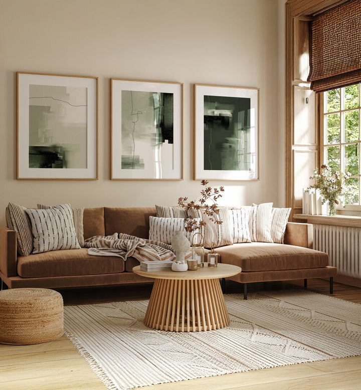 Elevate your decor with the ABSTRACT GREEN SET, SET OF 3 PAINTINGS, showcasing elegant green tones for any space.