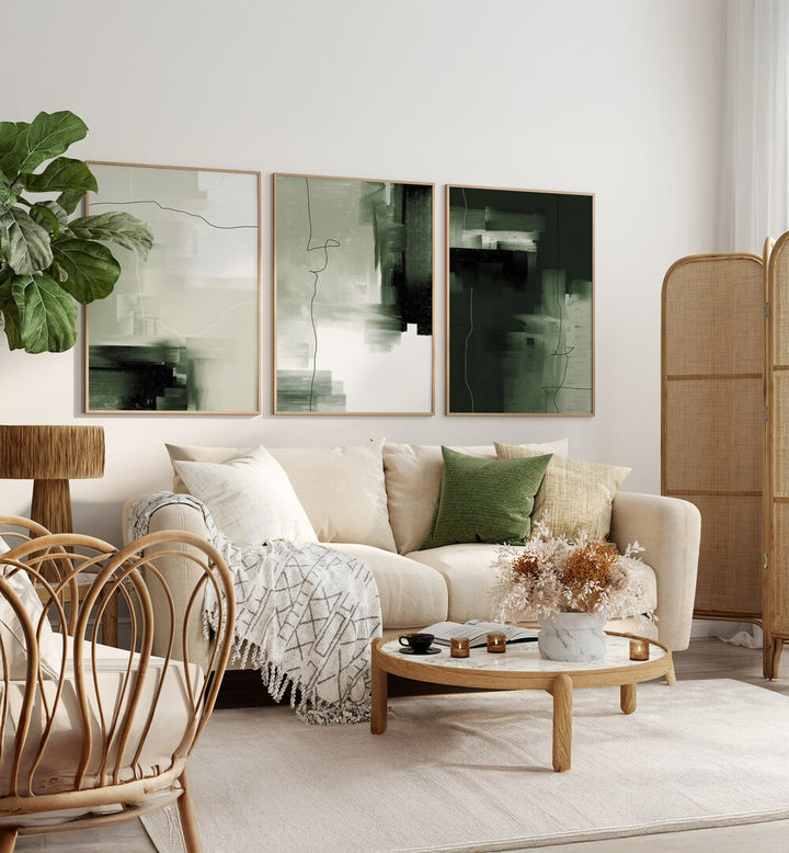 Transform your space with the ABSTRACT GREEN SET, SET OF 3 PAINTINGS, featuring elegant green tones for any decor.