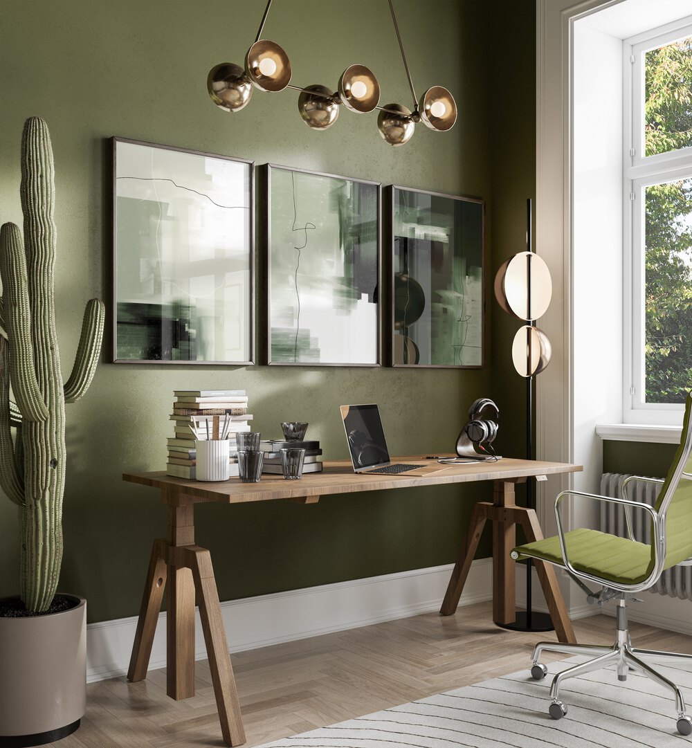 Elevate your decor with the ABSTRACT GREEN SET, SET OF 3 PAINTINGS, featuring elegant green tones for any space.