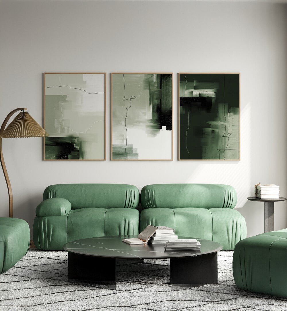 Elevate your decor with the ABSTRACT GREEN SET, SET OF 3 PAINTINGS, featuring elegant green hues for any space.