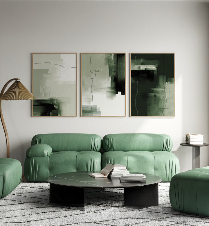 Elevate your decor with the ABSTRACT GREEN SET, SET OF 3 PAINTINGS, featuring elegant green hues for any space.
