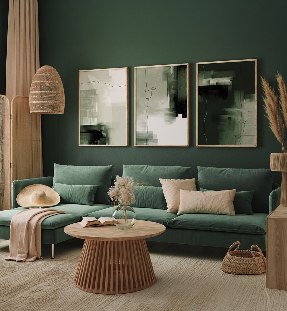 Elegant living room featuring the ABSTRACT GREEN SET, SET OF 3 PAINTINGS, enhancing the space with shades of green.