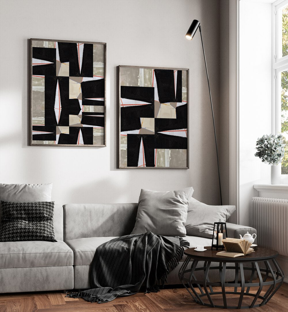 Stylish living room featuring the ABSTRACT JIGSAW SET, SET OF 2 PAINTINGS, perfect for home decor enthusiasts.