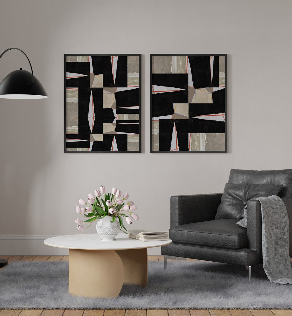 Stylish living room featuring the ABSTRACT JIGSAW SET, SET OF 2 PAINTINGS, perfect for home decor or gifts.