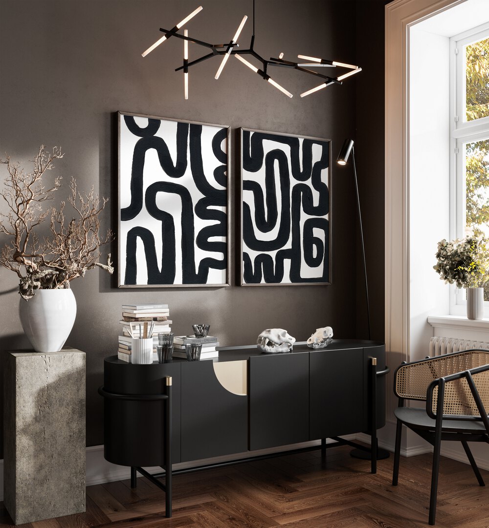 Elevate your space with the ABSTRACT MAZE SET, SET OF 2 PAINTINGS, featuring modern black and white designs.