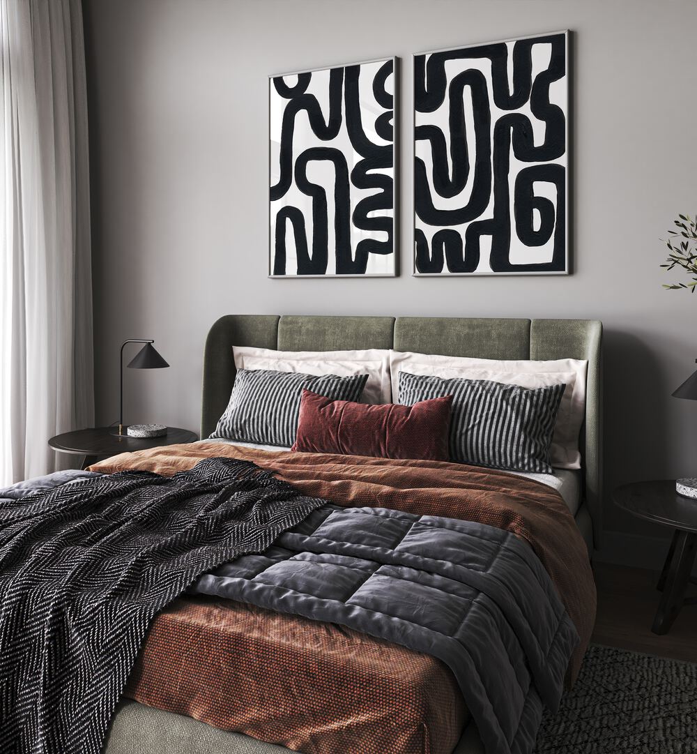 Stylish ABSTRACT MAZE SET, SET OF 2 PAINTINGS, perfect for transforming modern living spaces with artistic flair.