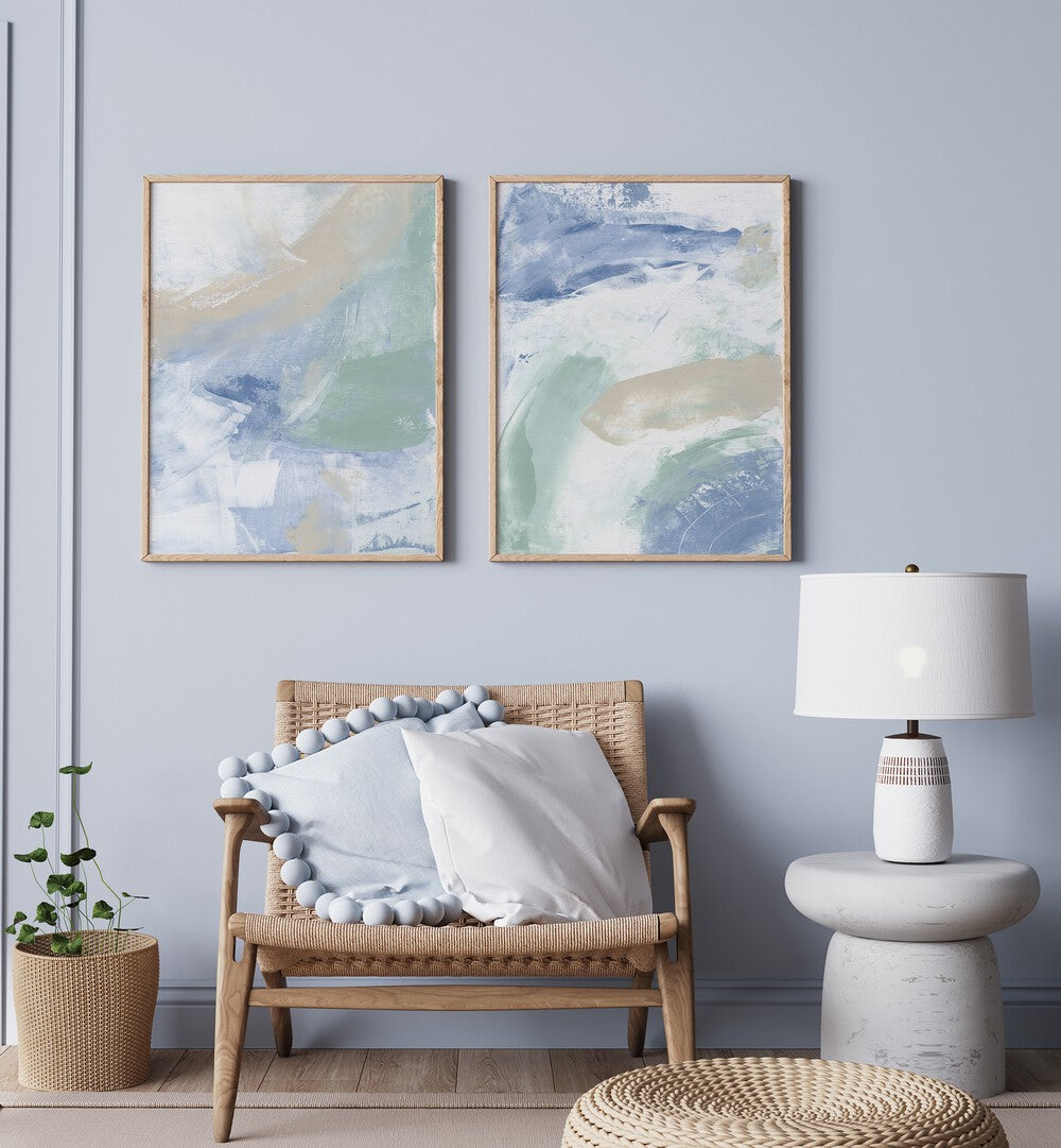 Transform your space with the ABSTRACT MIST SET, SET OF 2 PAINTINGS, featuring calming colors and modern elegance.