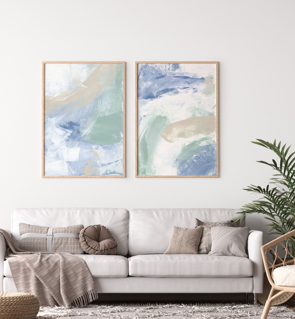 Enhance your decor with the ABSTRACT MIST SET, SET OF 2 PAINTINGS, featuring calming hues for a modern touch.