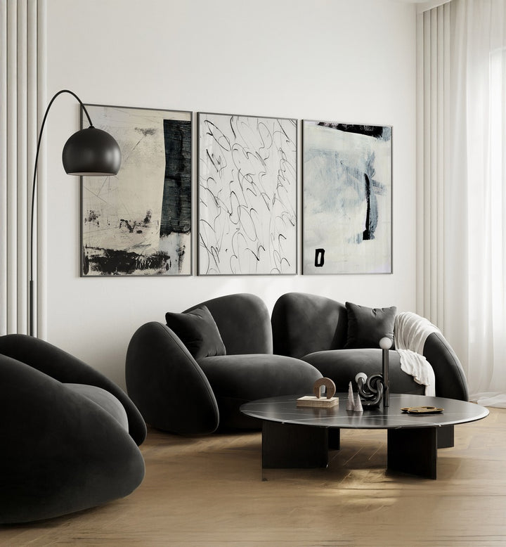 Enhance your decor with the ABSTRACT MOVEMENT SET, SET OF 3 PAINTINGS, showcasing modern art elegance and flair.