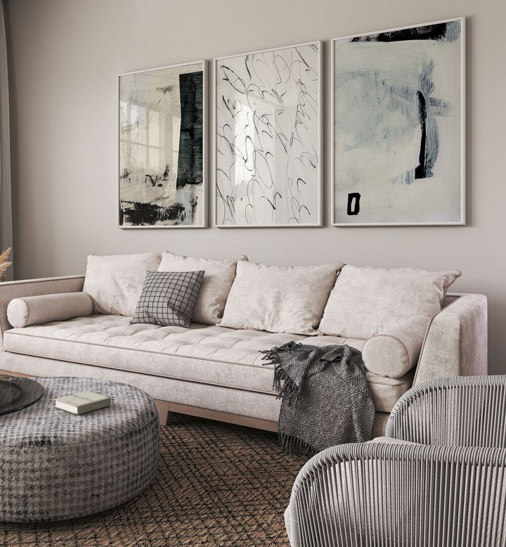 Enhance your decor with the ABSTRACT MOVEMENT SET, SET OF 3 PAINTINGS, featuring modern art and vibrant shapes.