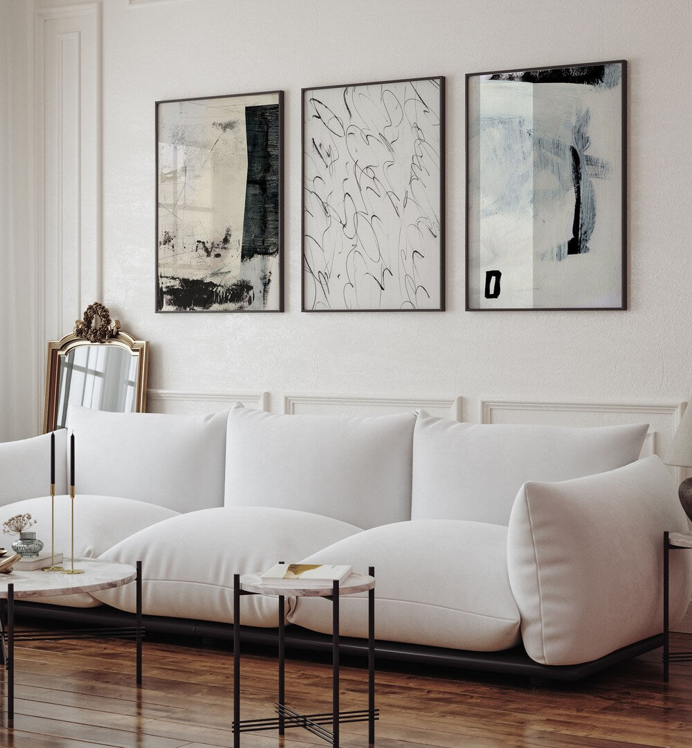 Elevate your decor with the ABSTRACT MOVEMENT SET, SET OF 3 PAINTINGS featuring dynamic shapes and modern elegance.