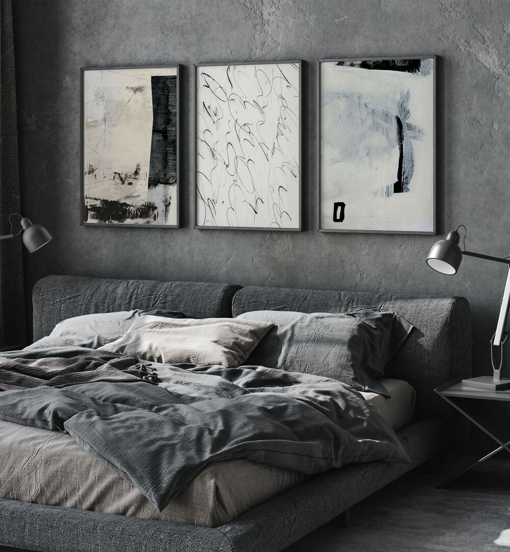 Elevate your decor with the ABSTRACT MOVEMENT SET, SET OF 3 PAINTINGS, showcasing modern art and dynamic shapes.