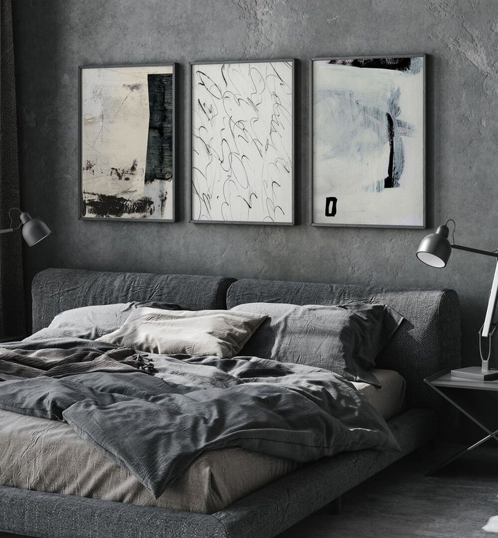 Elevate your decor with the ABSTRACT MOVEMENT SET, SET OF 3 PAINTINGS, showcasing modern art and dynamic shapes.